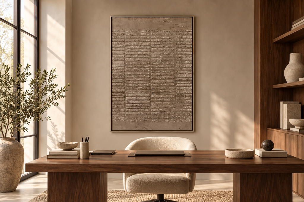 GRAIN taupe fine-line textured wall art in an office