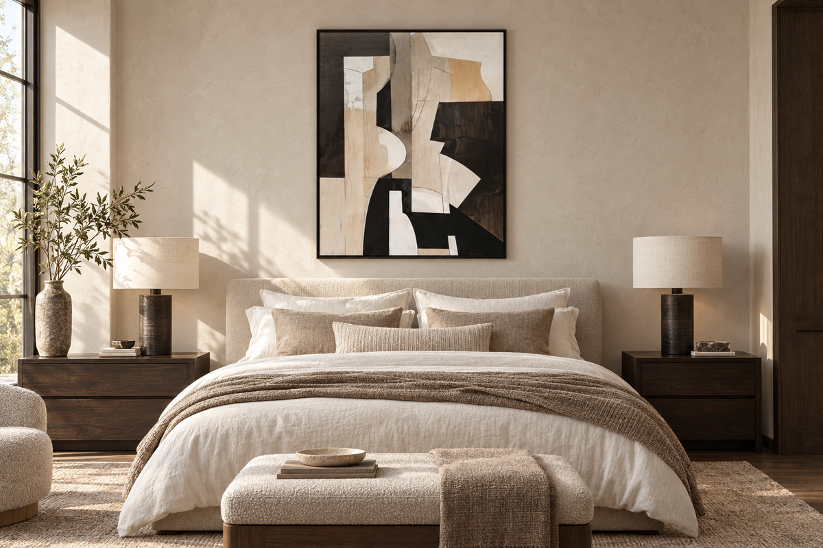 KALDEN geometric abstract wall art in a refined bedroom