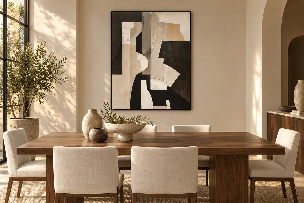 KALDEN geometric abstract wall art in a modern dining room