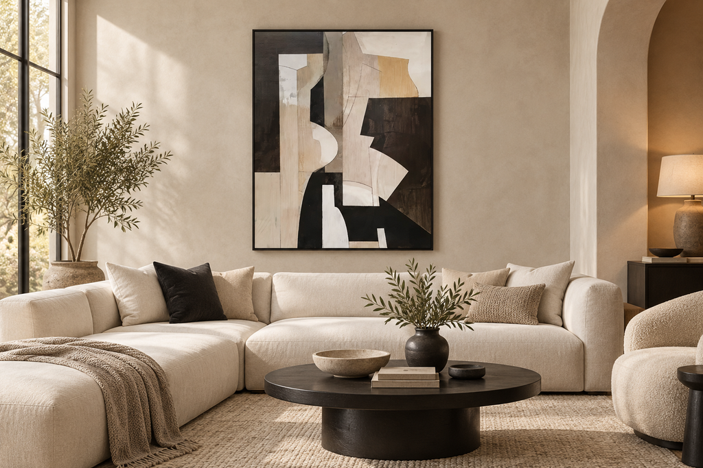 KALDEN geometric abstract wall art in a contemporary living room