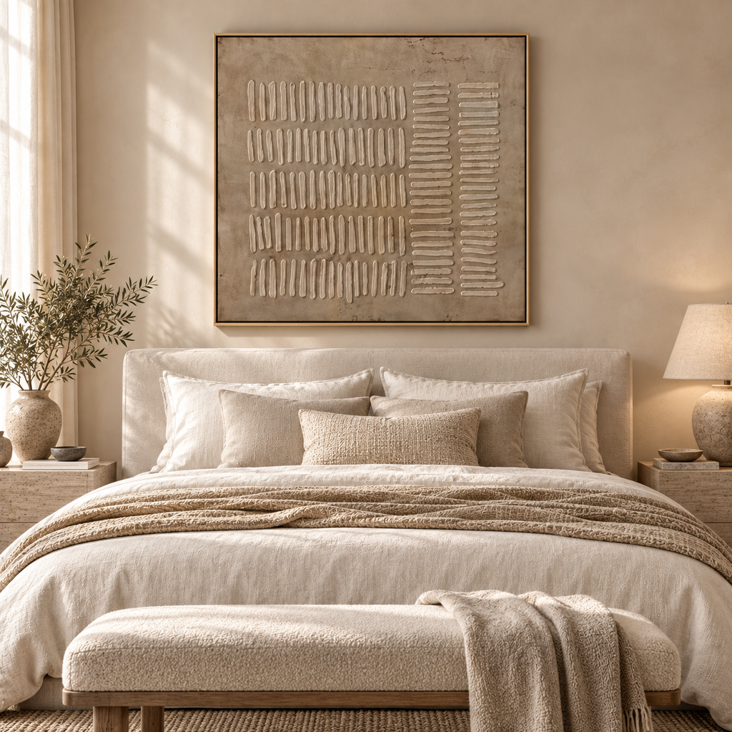 KALSA square beige Wabi-Sabi abstract wall art above an elegant bedroom