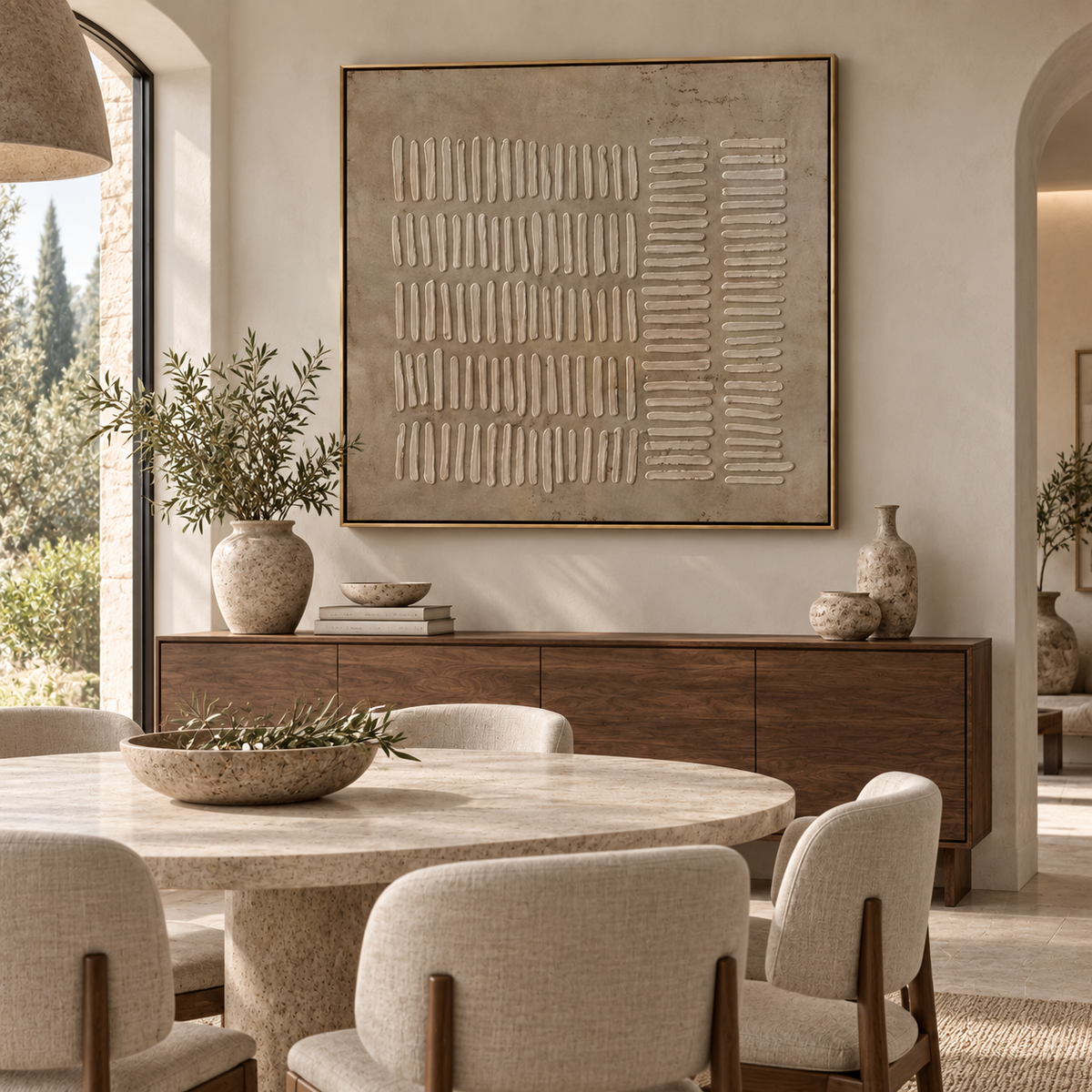 KALSA neutral textured abstract wall art in a sophisticated dining room