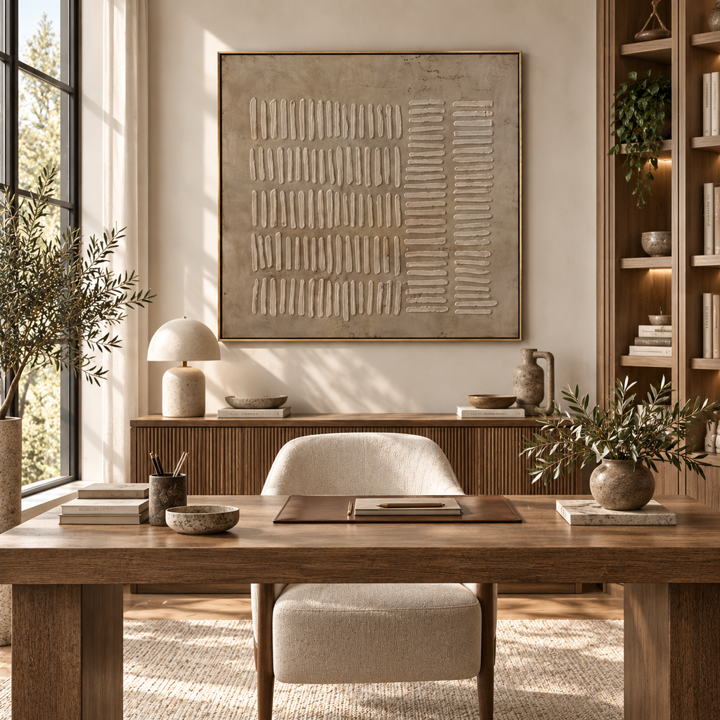 KALSA square Wabi-Sabi textured wall art in a luxury home office