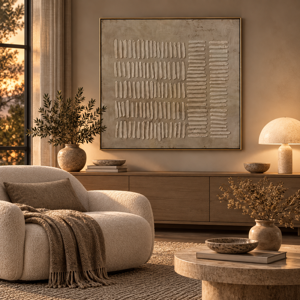 KALSA beige textured abstract wall art in a warm contemporary lounge