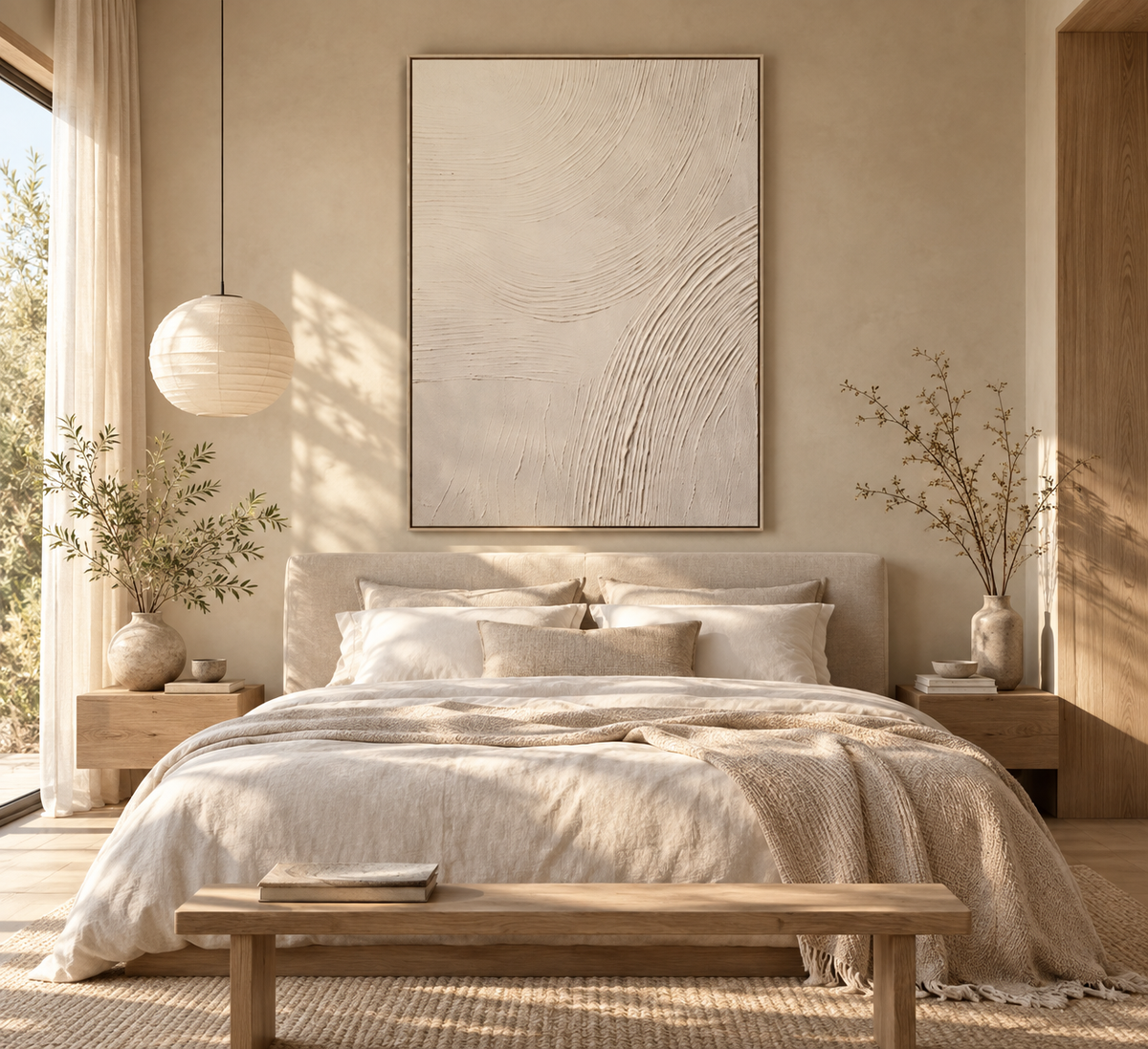KANSO ivory textured wabi-sabi wall art in a serene bedroom