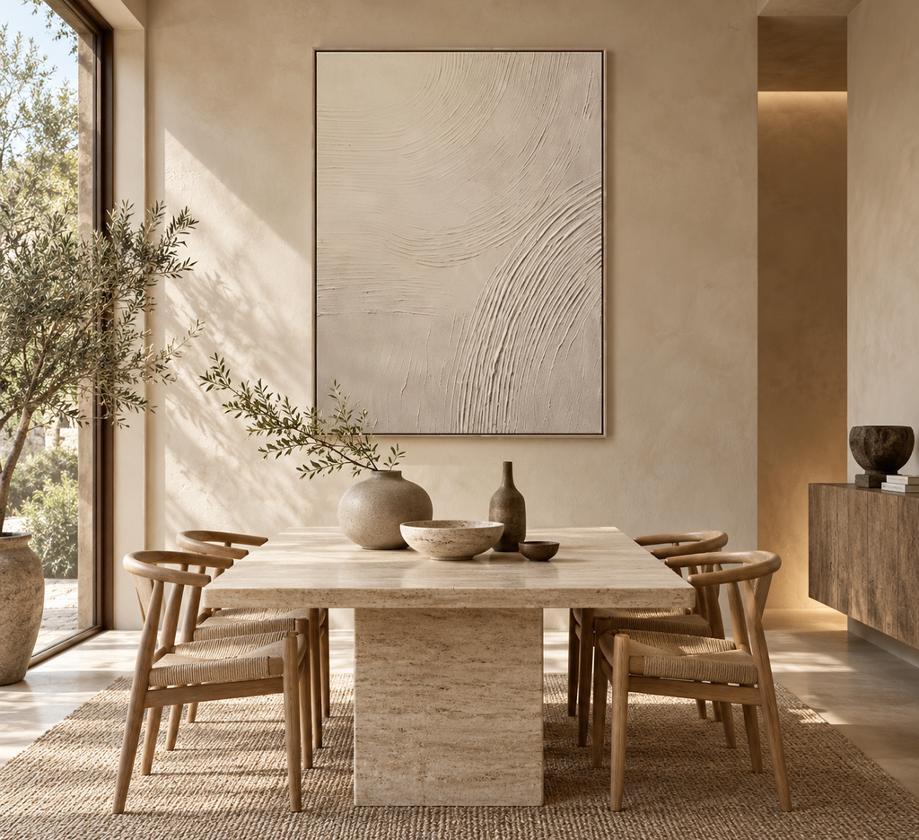 KANSO minimalist ivory relief wall art in a japandi dining room