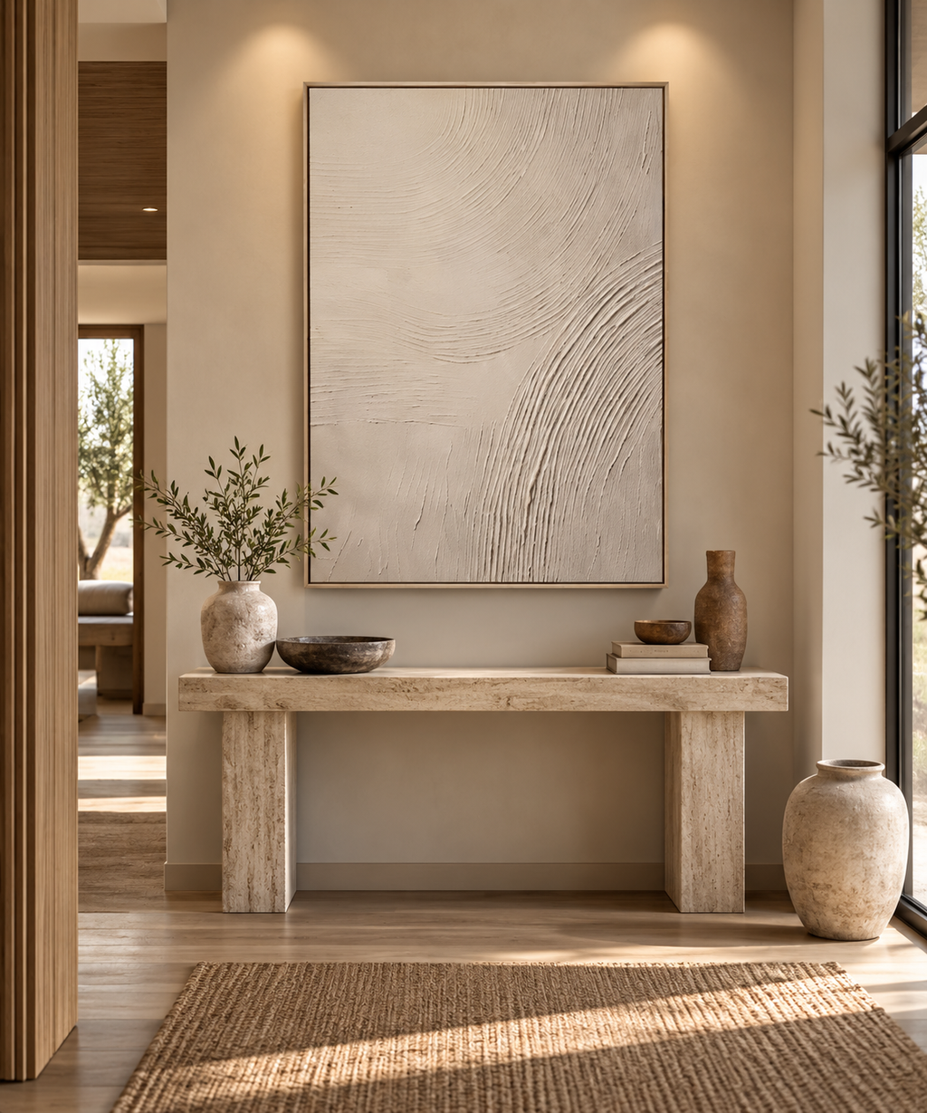 KANSO neutral textured wall art above a travertine entryway console