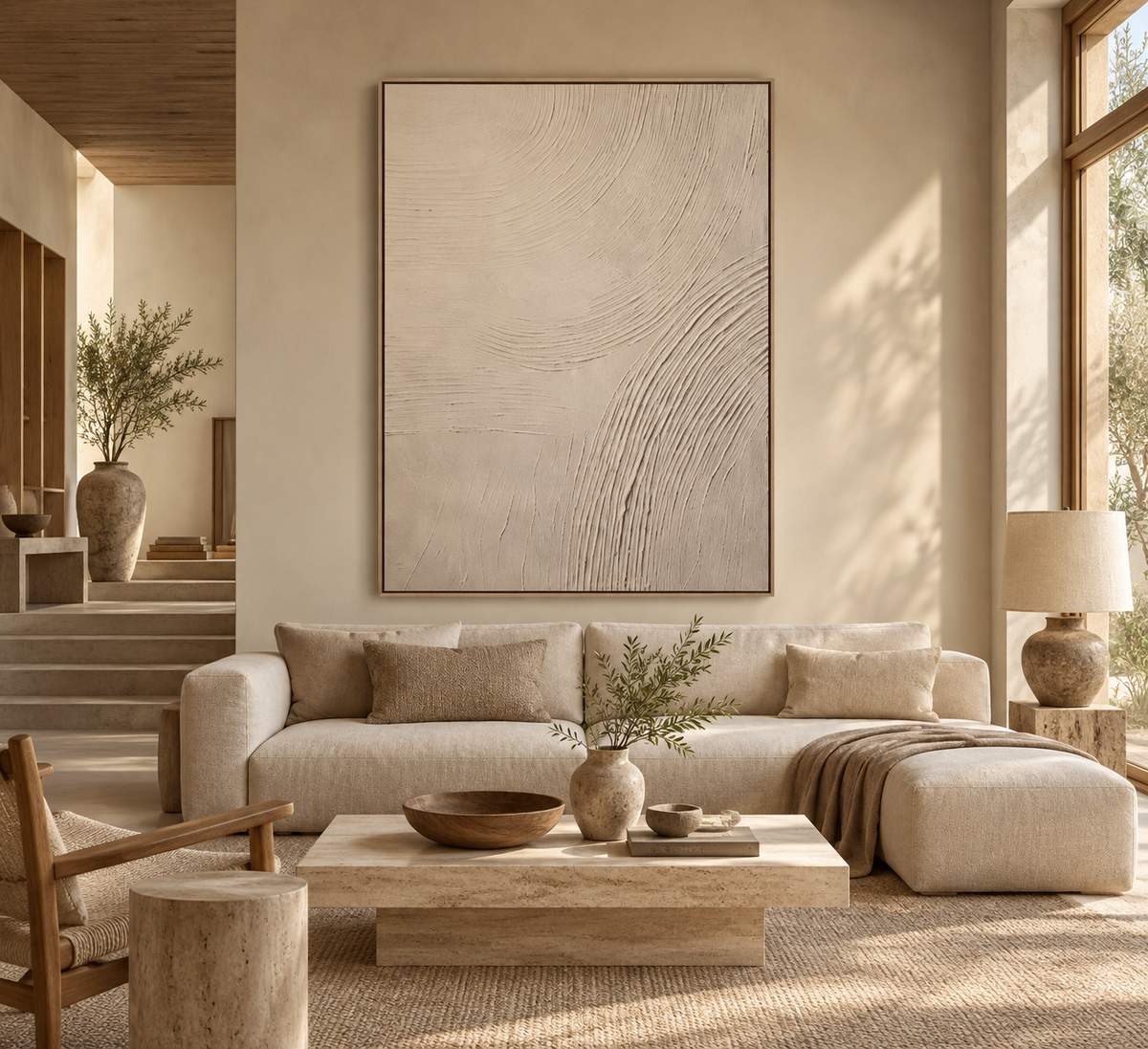 KANSO ivory textured wabi-sabi wall art above a neutral sofa