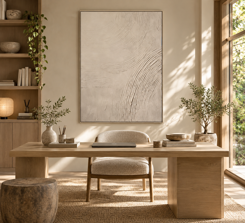 KANSO ivory wabi-sabi textured wall art in a refined home office
