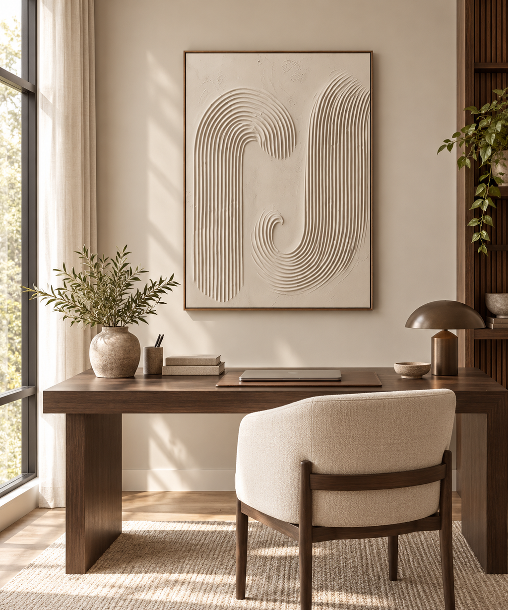 KAYA textured ivory arch Japandi wall art in a dining room