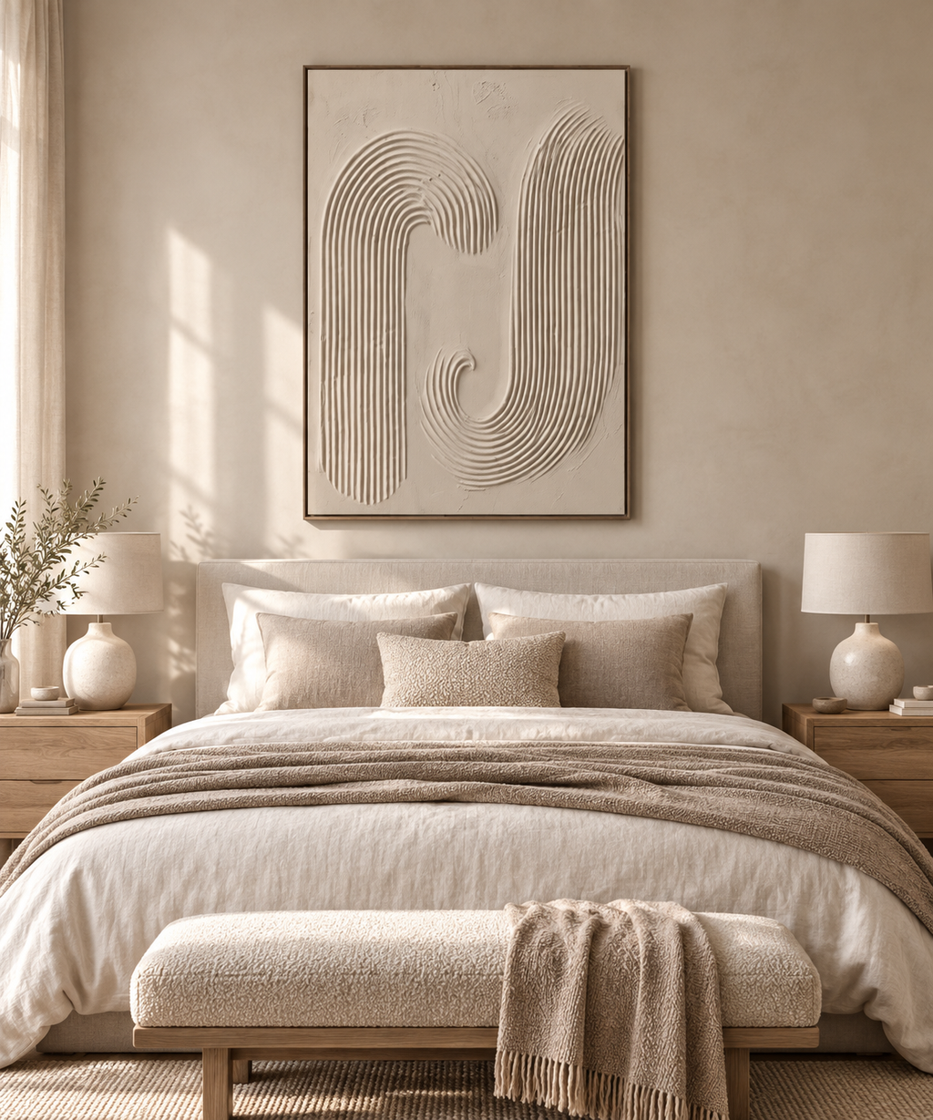KAYA textured ivory arch Japandi wall art in an entryway