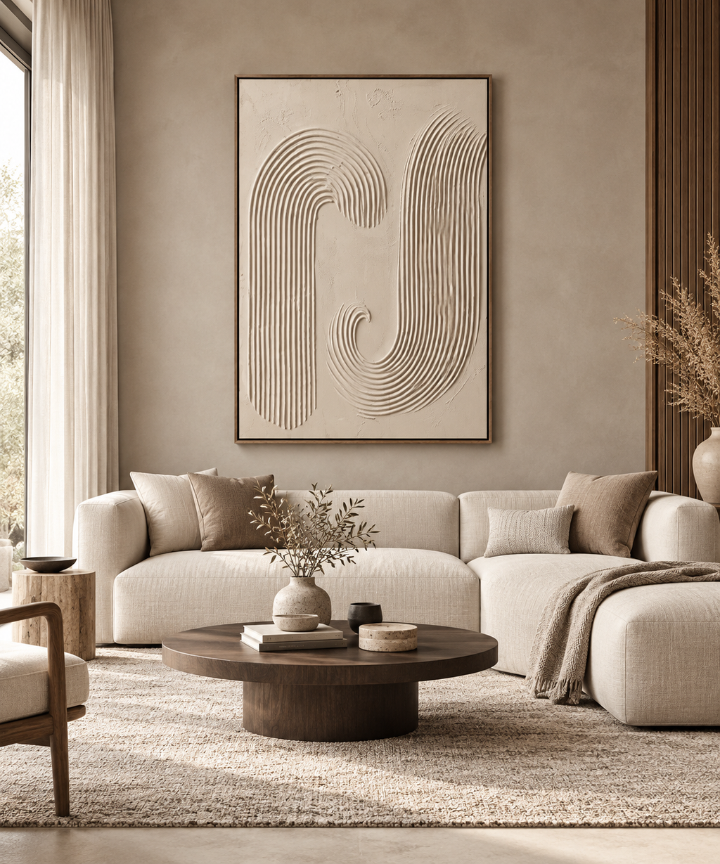 KAYA textured ivory arch Japandi wall art in a living room