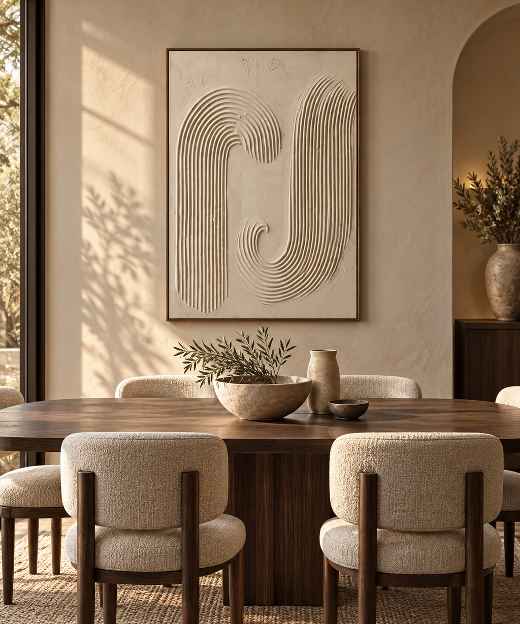 KAYA textured ivory arch Japandi wall art in a home office