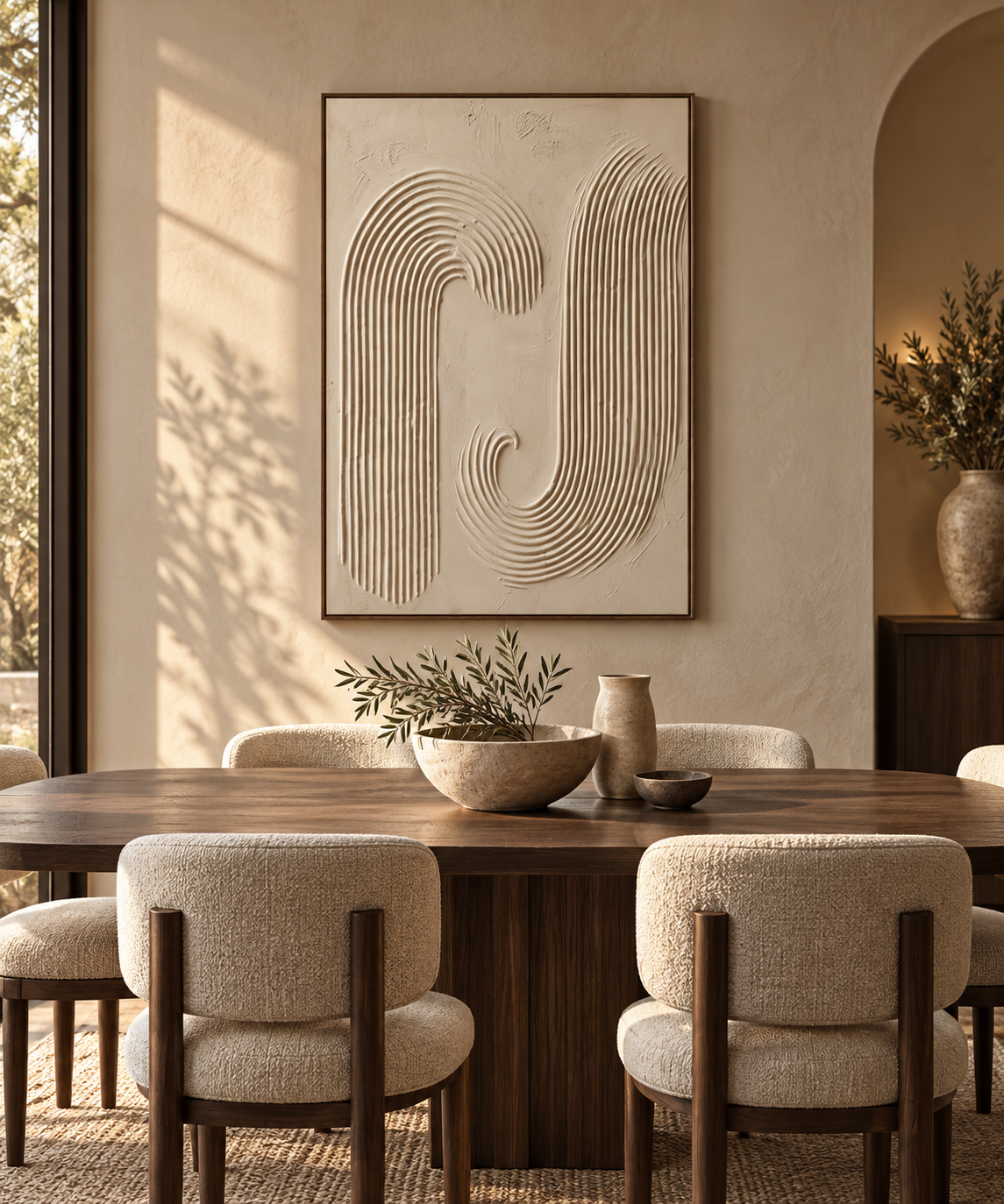 KAYA textured ivory arch Japandi wall art in a home office