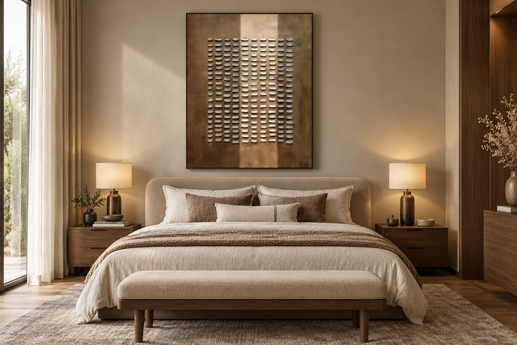 KORUM brown and ivory raised relief wall art in a luxury bedroom