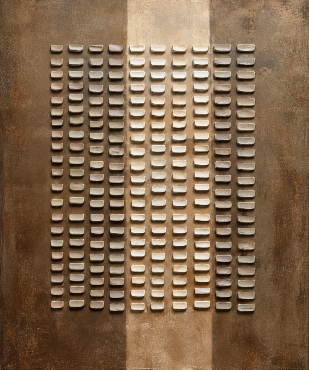 Close-up of KORUM handmade bronze background and raised ivory relief blocks