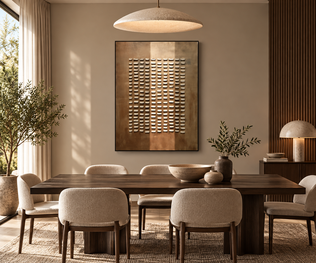 KORUM bronze grid relief wall art in an elegant dining room