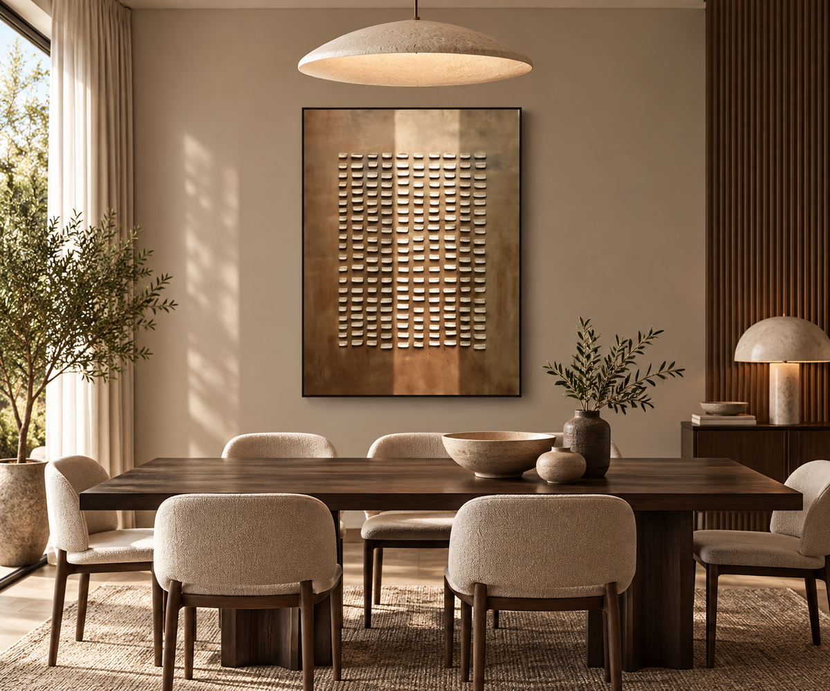 KORUM bronze grid relief wall art in an elegant dining room