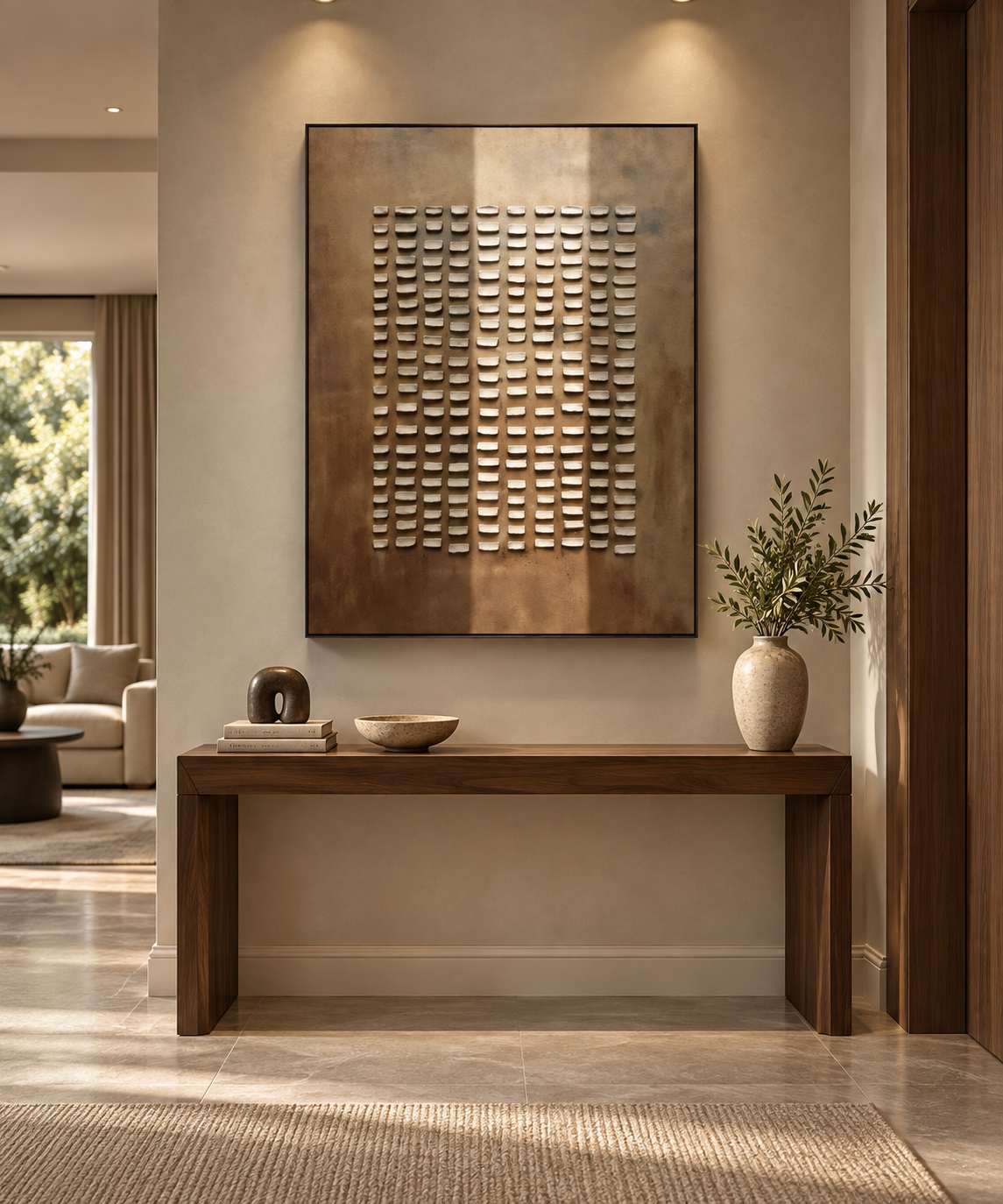 KORUM bronze textured wall art above a walnut entryway console