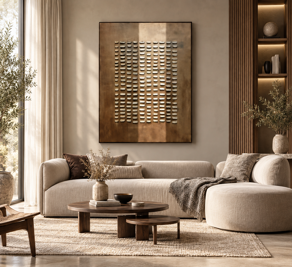KORUM bronze and ivory 3D textured wall art above a neutral sofa