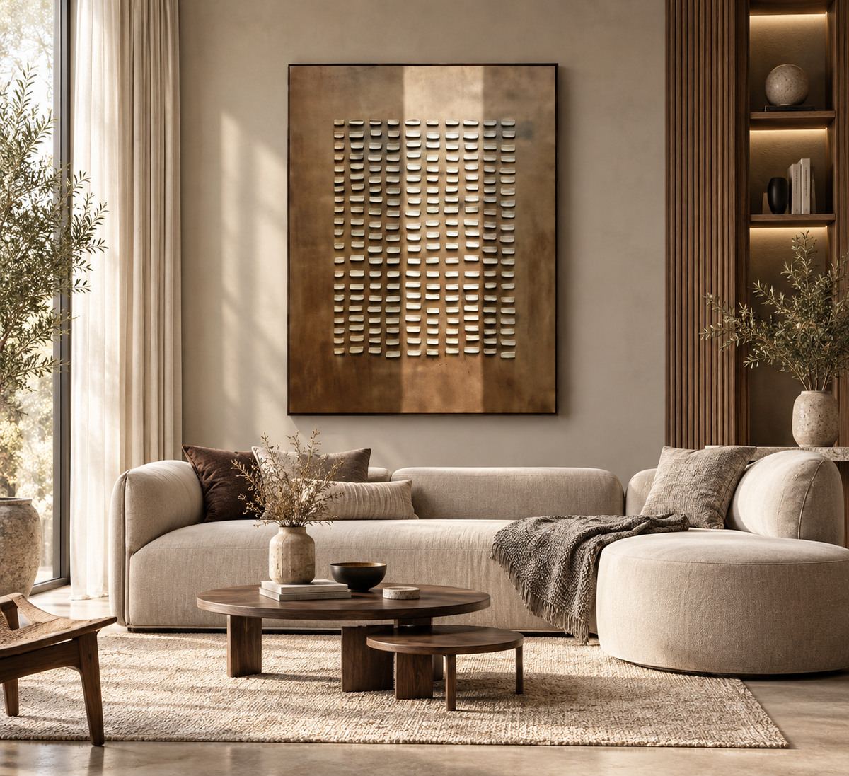 KORUM bronze and ivory 3D textured wall art above a neutral sofa
