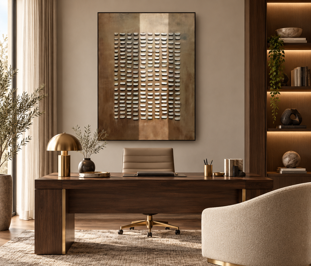 KORUM brown and ivory 3D textured wall art in a refined home office