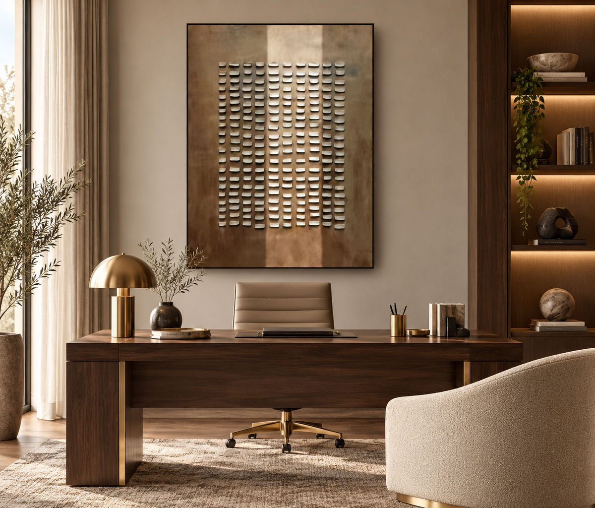 KORUM brown and ivory 3D textured wall art in a refined home office