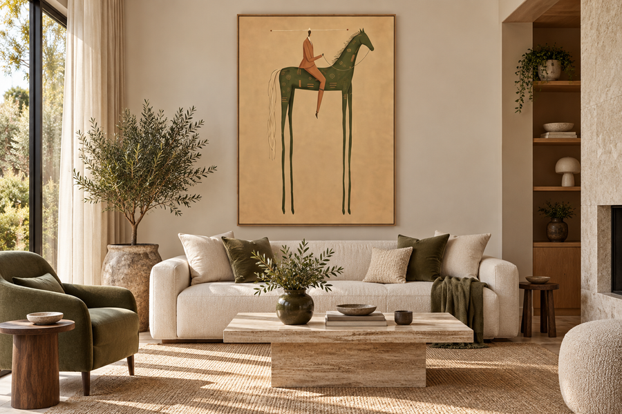 LIVARA olive green horse wall art above a cream sofa