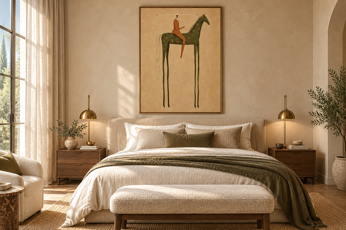 LIVARA olive green horse and rider artwork in an elegant bedroom