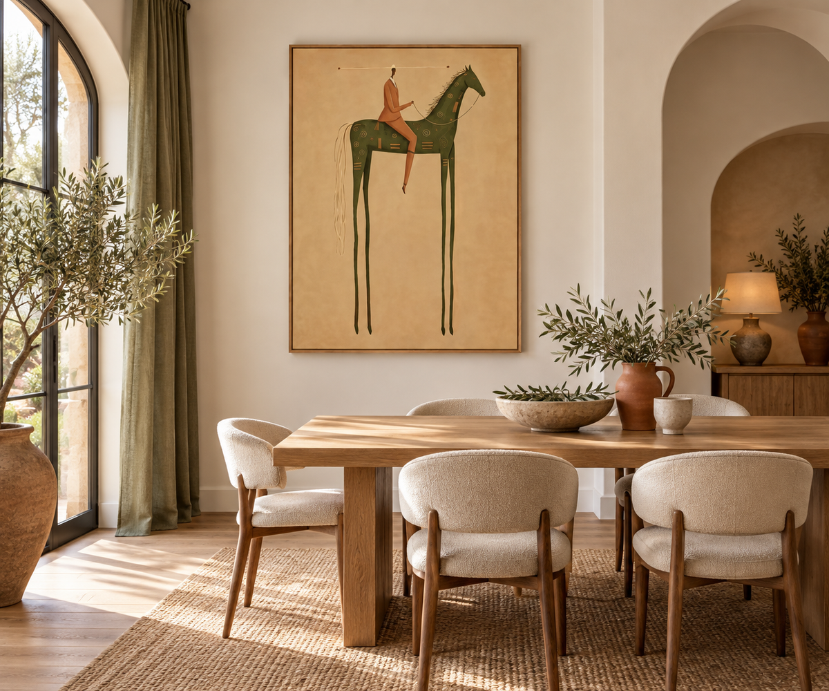 LIVARA olive green equestrian wall art in a contemporary dining room