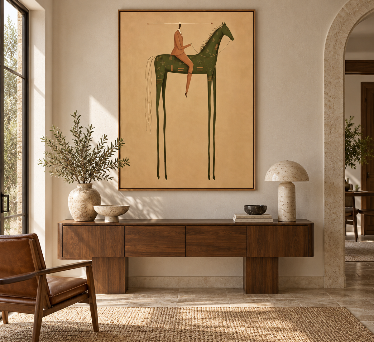 LIVARA horse and rider wall art above a refined entryway console