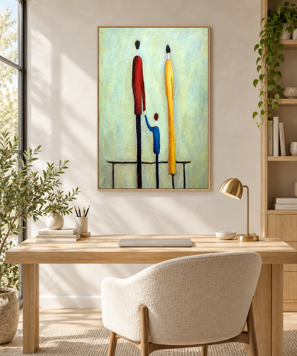 LUMI soft green figurative abstract wall art in a bedroom