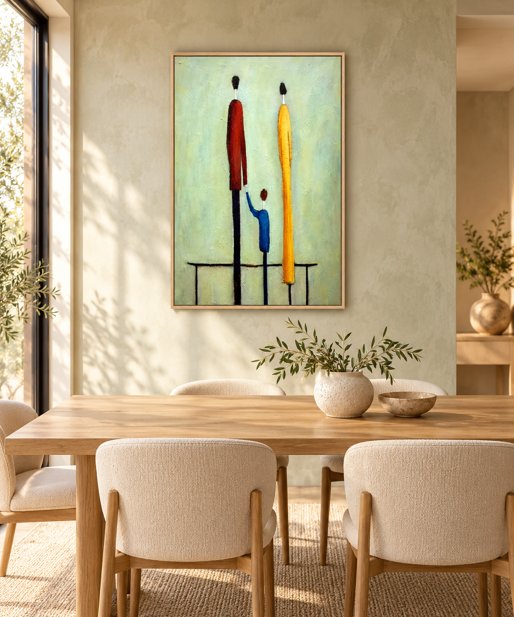LUMI soft green figurative abstract wall art in a dining room