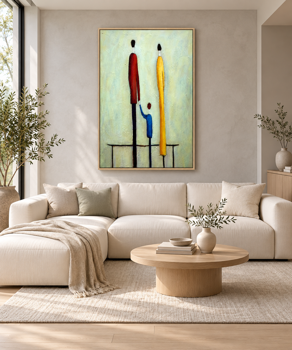 LUMI soft green figurative abstract wall art in an entryway