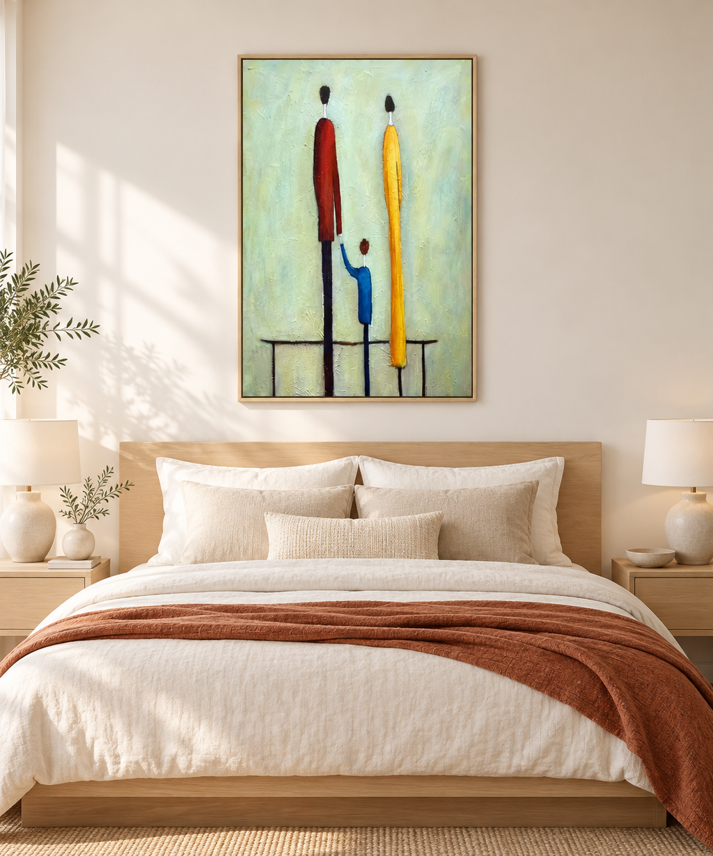 LUMI soft green figurative abstract wall art in a home office