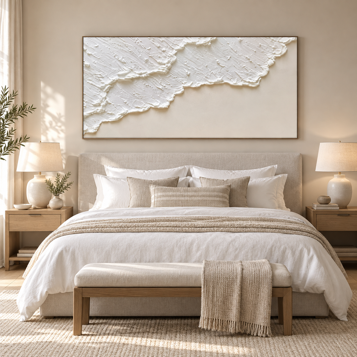 MARÉA textured coastal abstract wall art in a neutral bedroom
