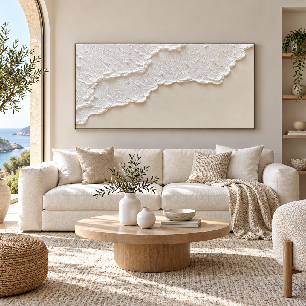 MARÉA textured coastal abstract wall art above a cream sofa