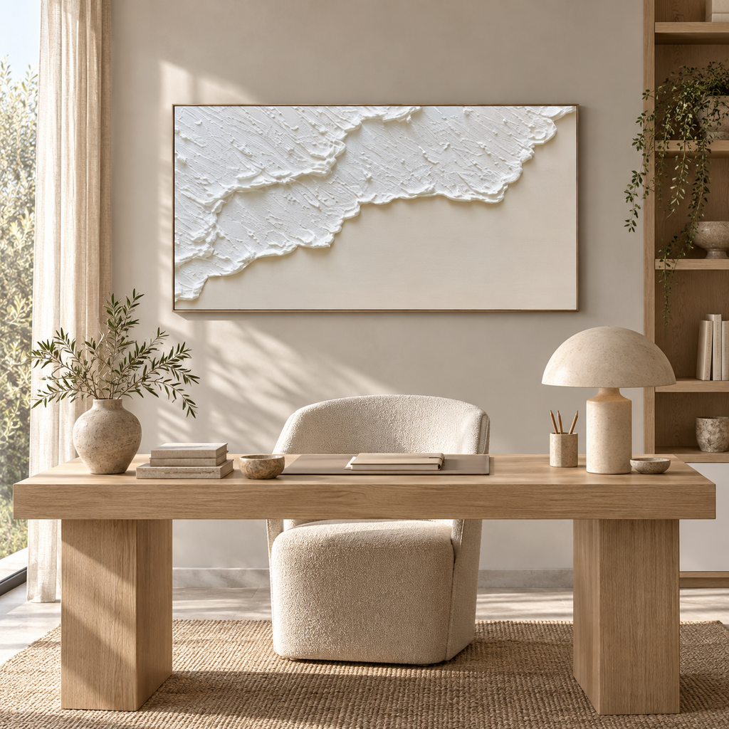 MARÉA textured coastal abstract wall art above a light oak desk