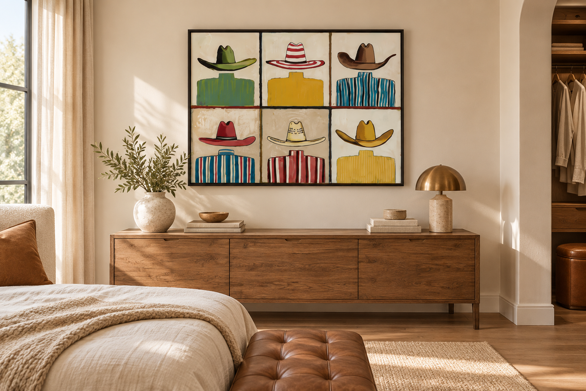MAVERICK colorful cowboy hat wall art in a stylish bedroom