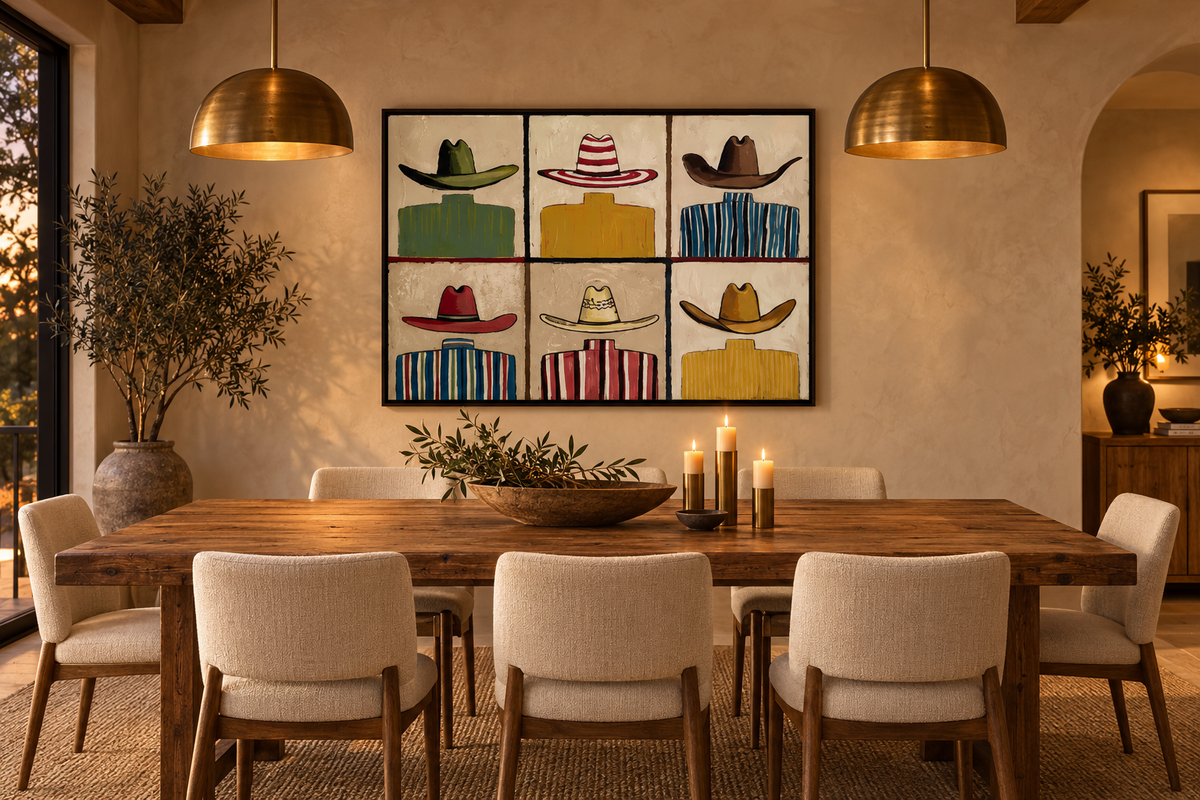MAVERICK western cowboy hat grid wall art in an elegant dining room