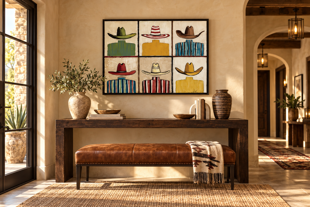 MAVERICK western hat grid wall art in a sophisticated entryway
