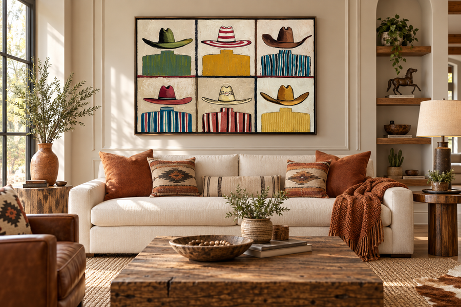 MAVERICK colorful western cowboy hat grid wall art above a neutral sofa
