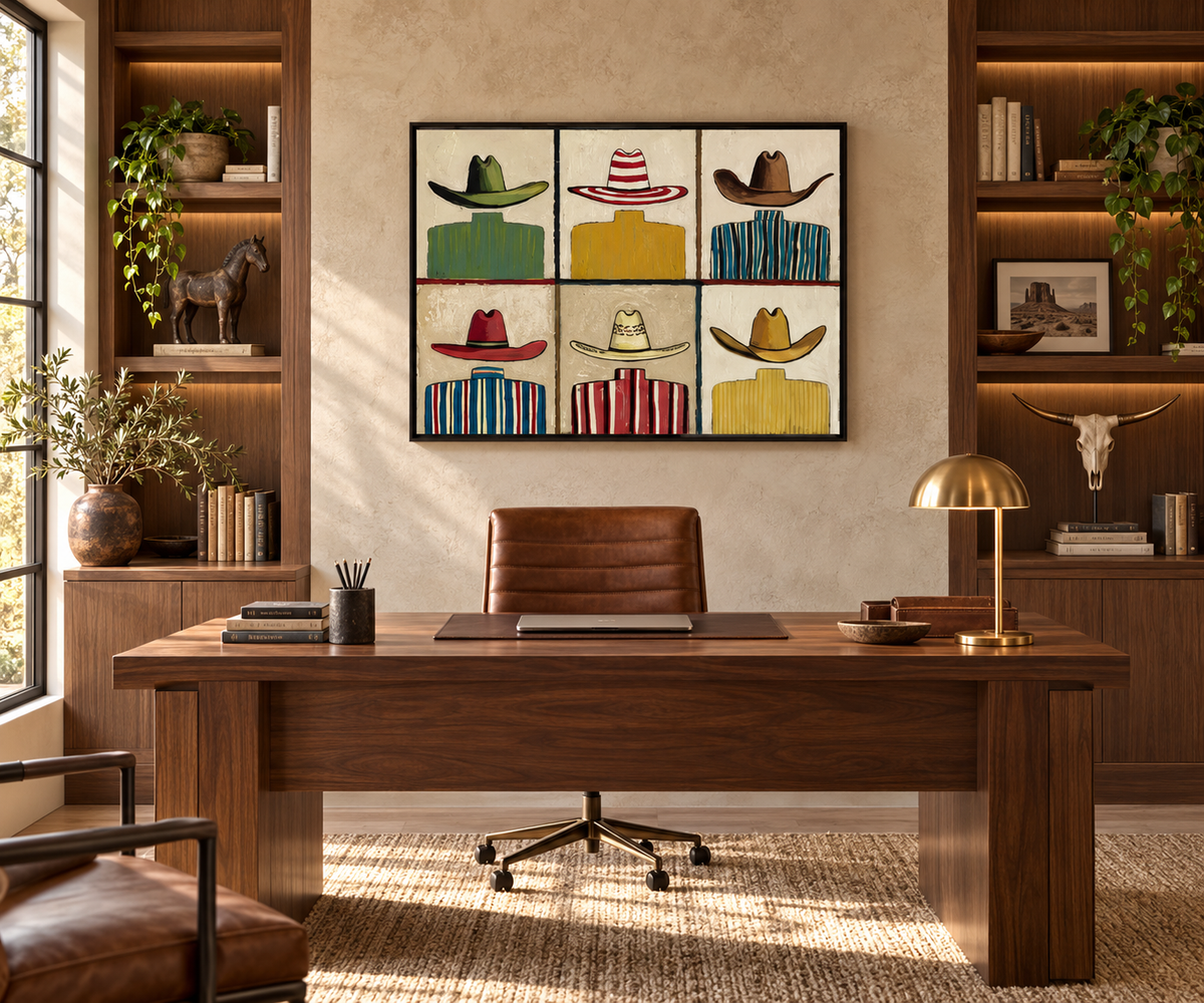 MAVERICK colorful cowboy hat wall art in a refined home office