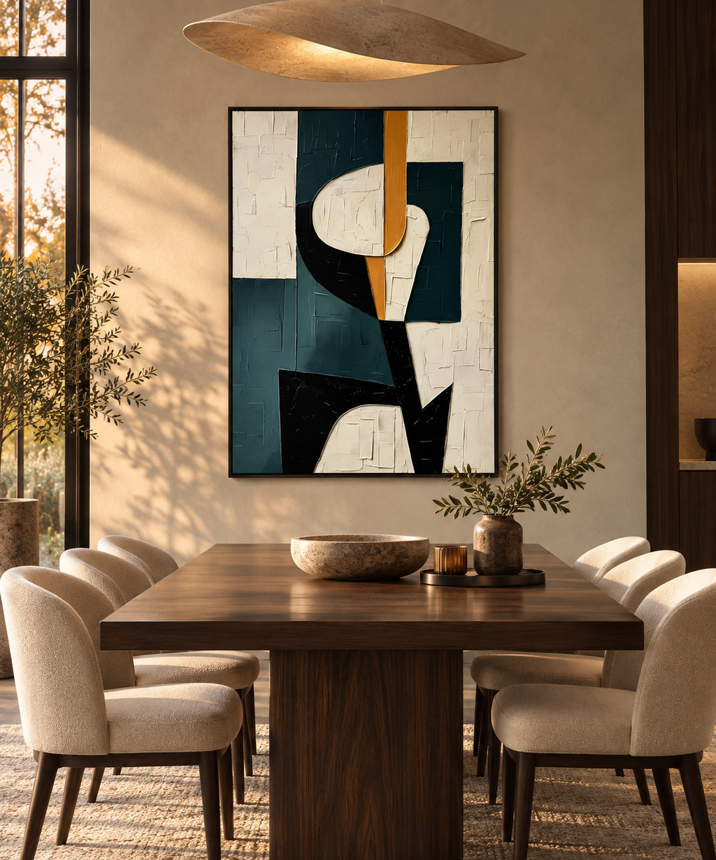 MIRA teal and ochre geometric abstract wall art in a bedroom