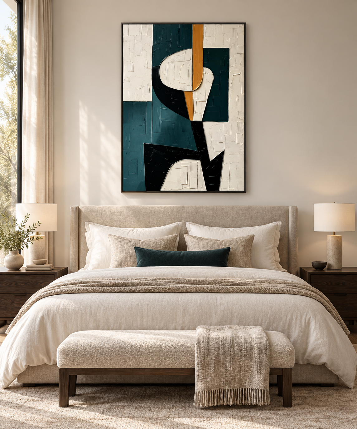 MIRA teal and ochre geometric abstract wall art in a dining room