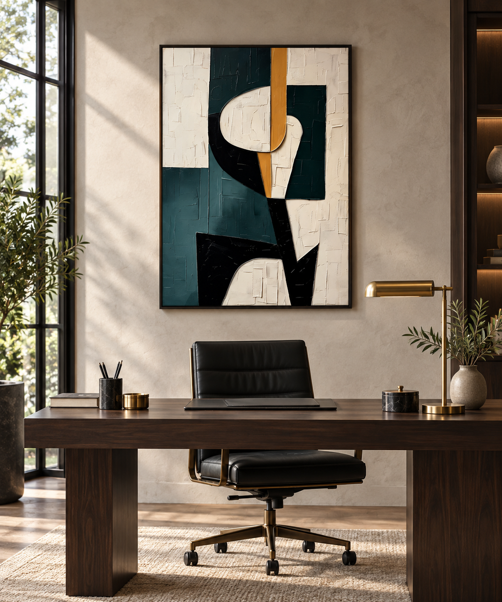 MIRA teal and ochre geometric abstract wall art in an entryway