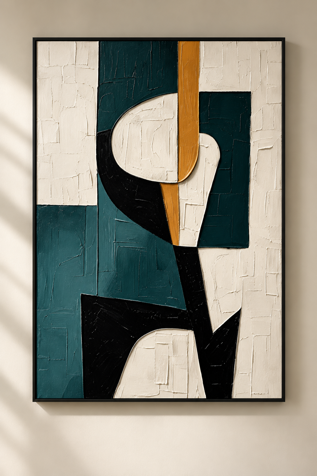 MIRA teal and ochre geometric abstract wall art in a living room