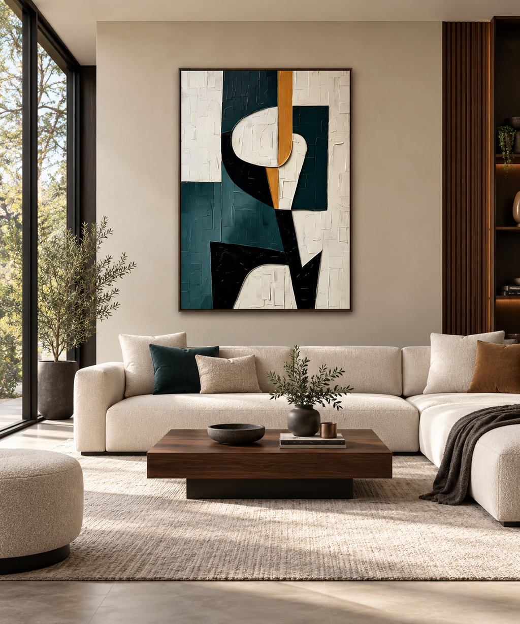 MIRA teal and ochre geometric abstract wall art in a home office