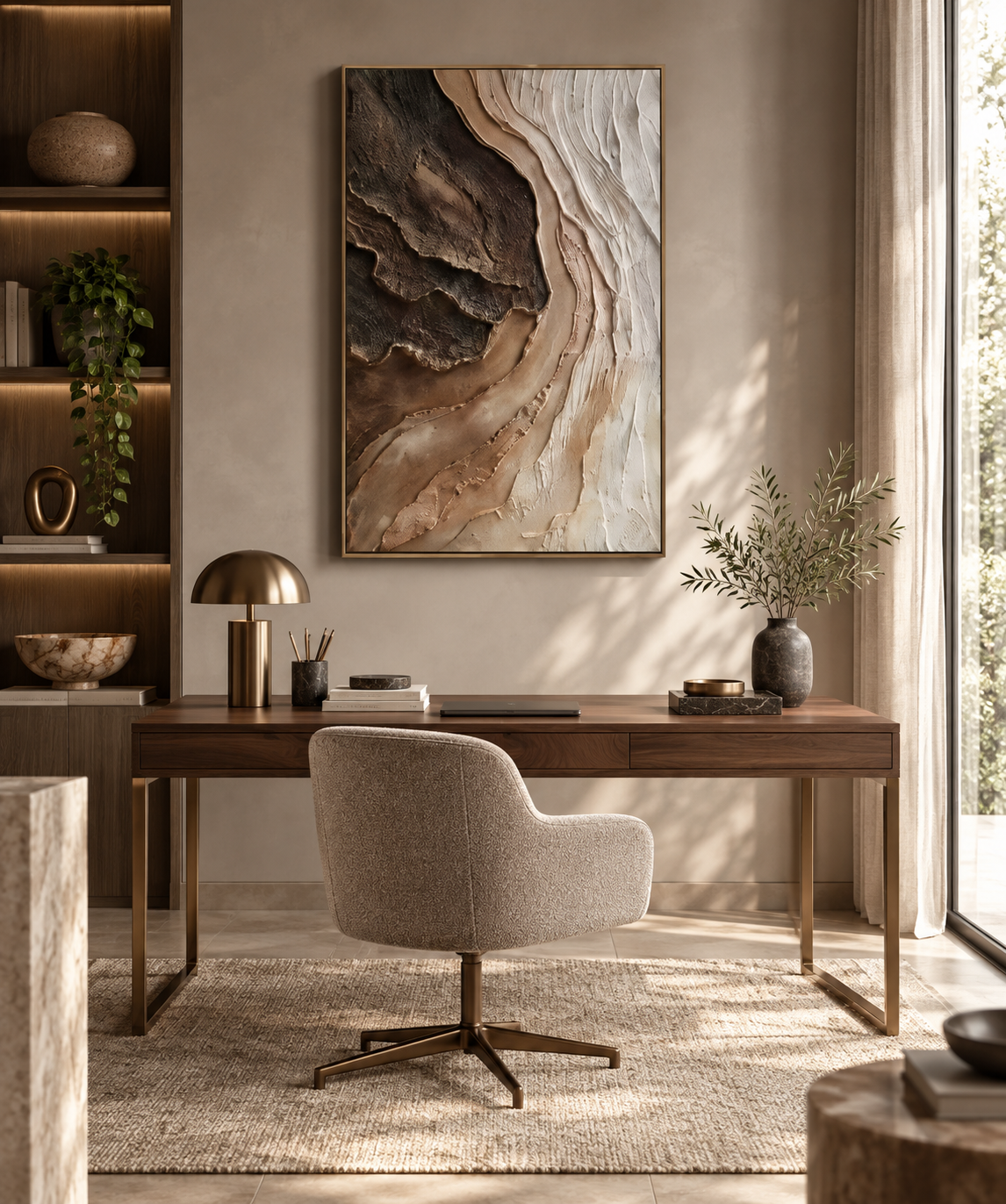 MIREA neutral sculptural wall art in a premium home office