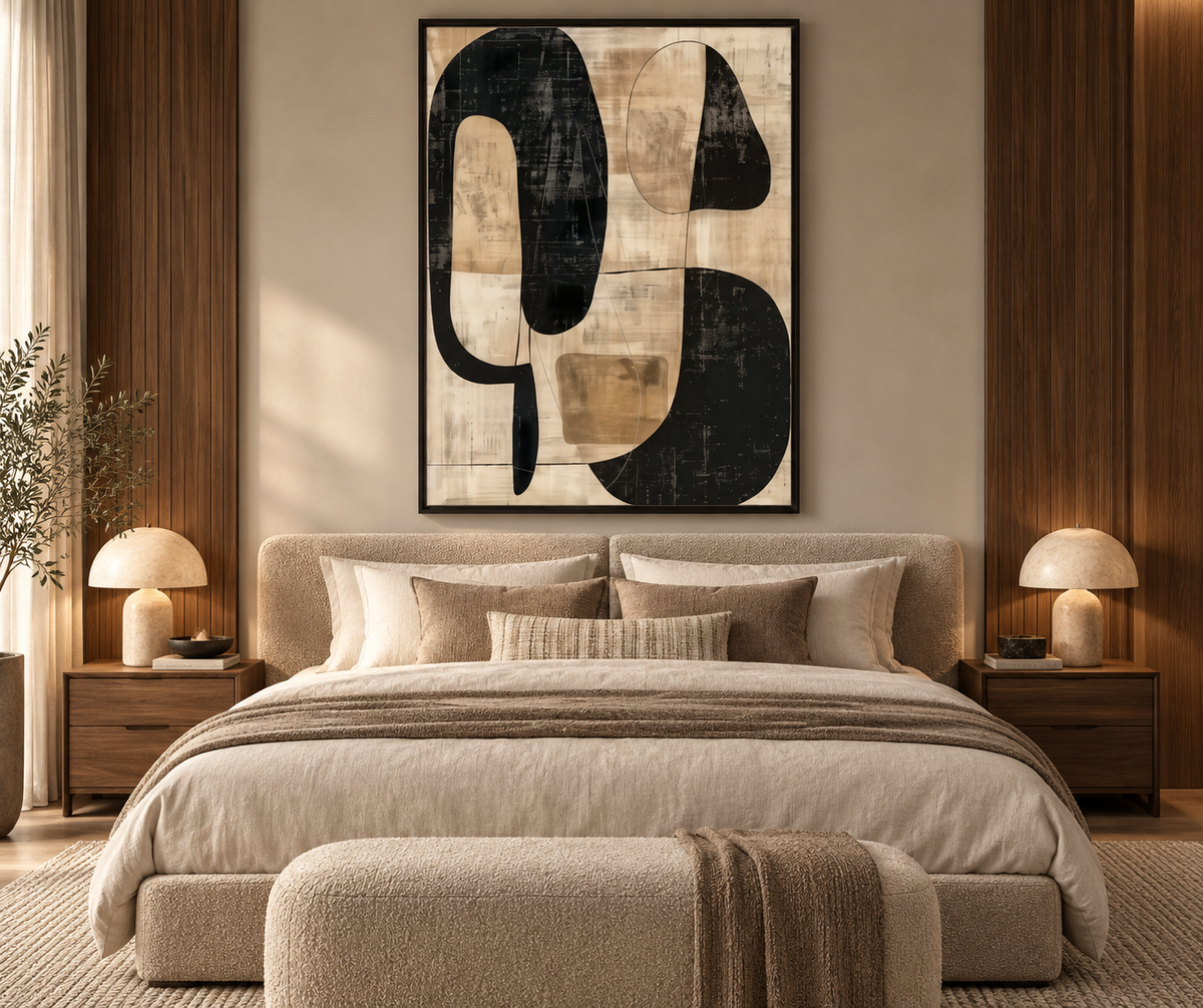 MOREA black and beige organic abstract wall art in a refined bedroom